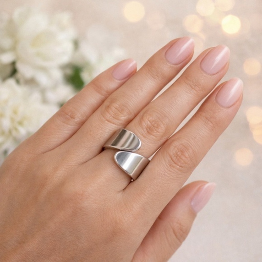 INOX 316L Stainless Steel Chunky Bypass Ring Bold Modern Silver Size 7